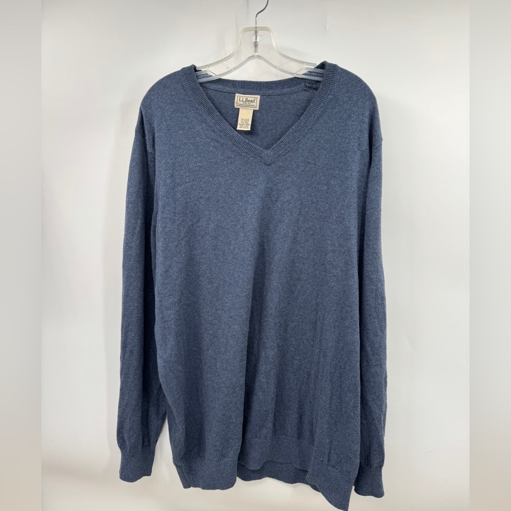 L L Bean Sweater Mens 2XL Tall Blue Cotton Cashmere Blend V Neck Soft Pullover